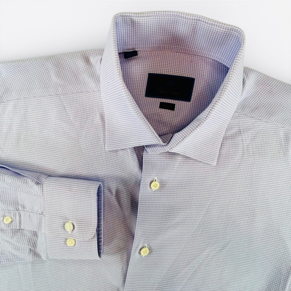 David Donahue Mens 17 32/33 Trim Fit Dress Shirt Blue White Micro Check Cotton